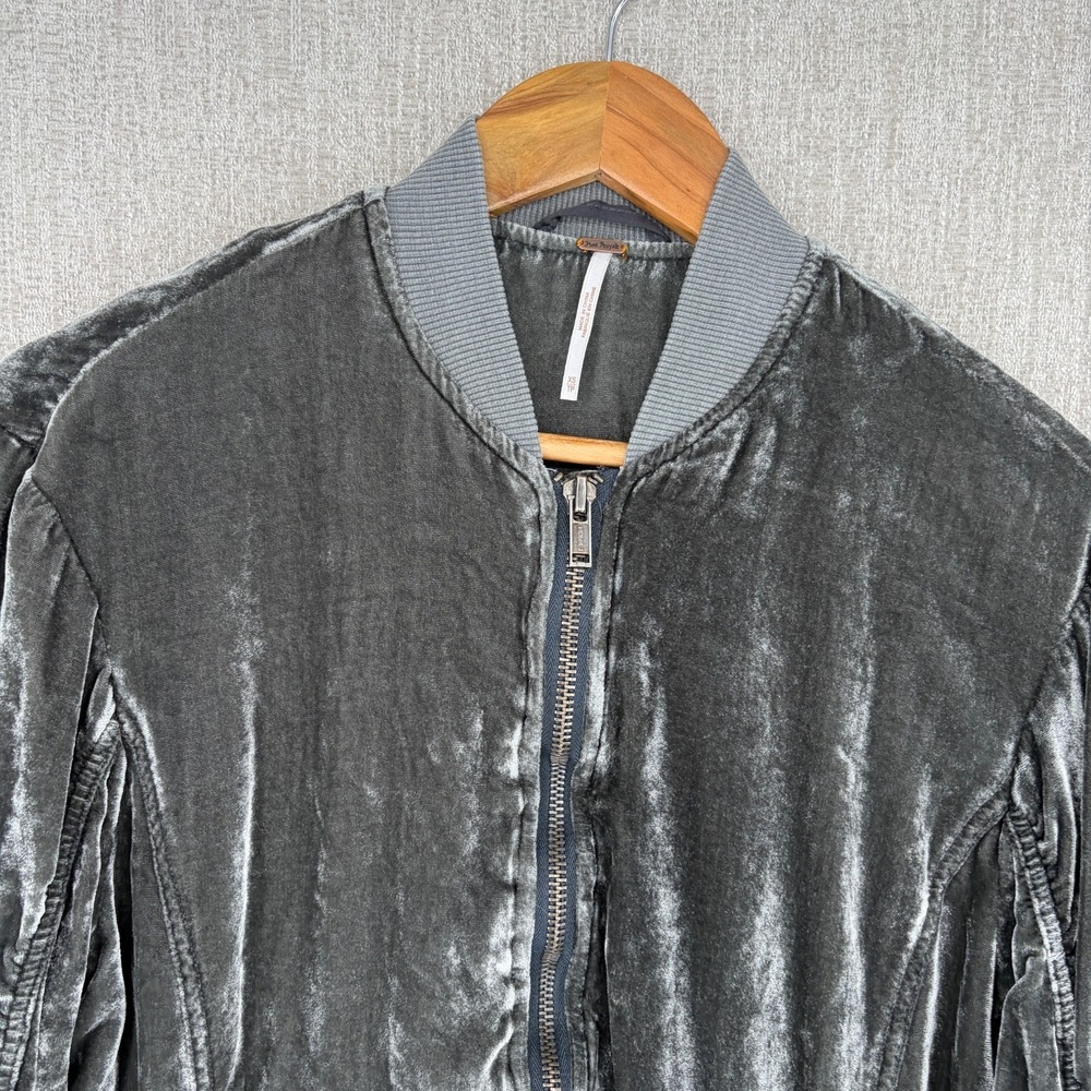 Free People Jacket Womens XS Green Ruched Velvet Bomber Full Zip Velour Varsity - Picture 5 of 13